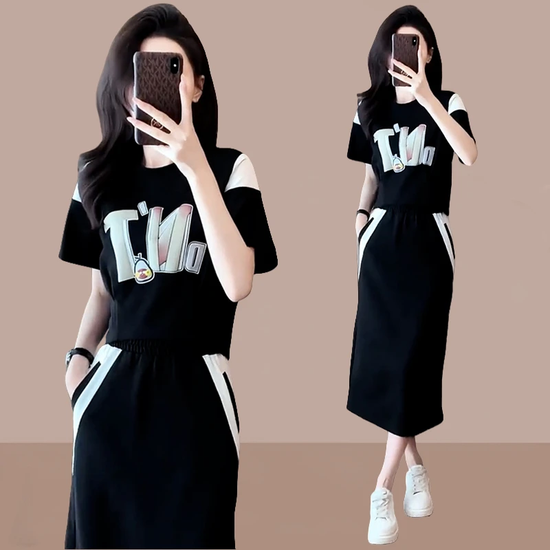 高级感休闲套装女2025年夏季新款韩版减龄t恤开叉半身裙两件套