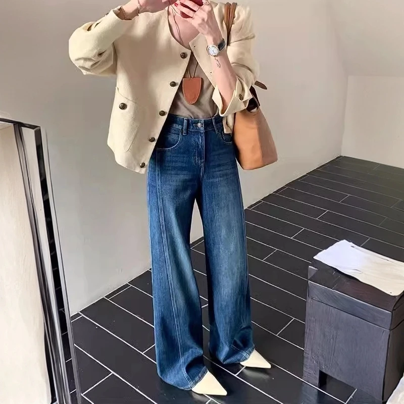 复古蓝直筒牛仔裤女春季新款梨形身材大码高腰显瘦宽松阔腿拖地裤