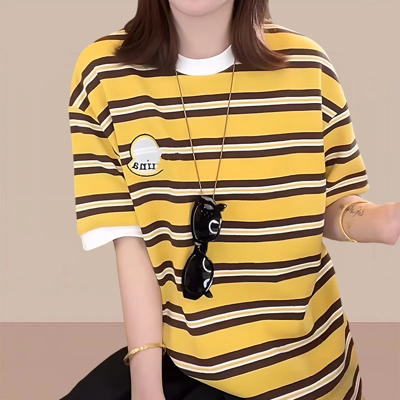 【纯棉】夏季新款网红洋气炸街女装条纹t恤女洋气撞色正肩短袖女T恤