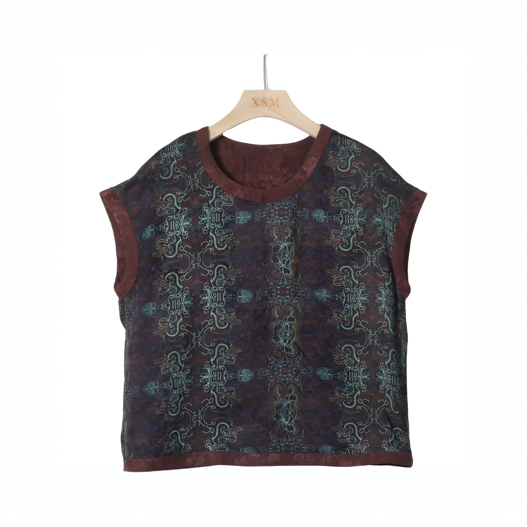 山渐青-新中式国风圆领复古印花1297（棕底藤花）/AS