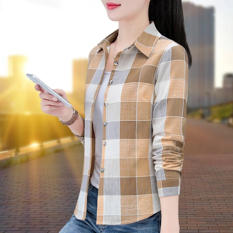 纯棉格子衬衫女长袖春秋季新款韩版洋气衬衣中年妈妈休闲百搭上衣