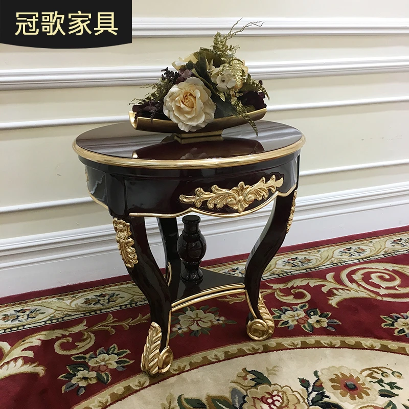 法式小茶几 欧式宫廷酒红色小圆几客厅沙发边几奢华实木雕花角几