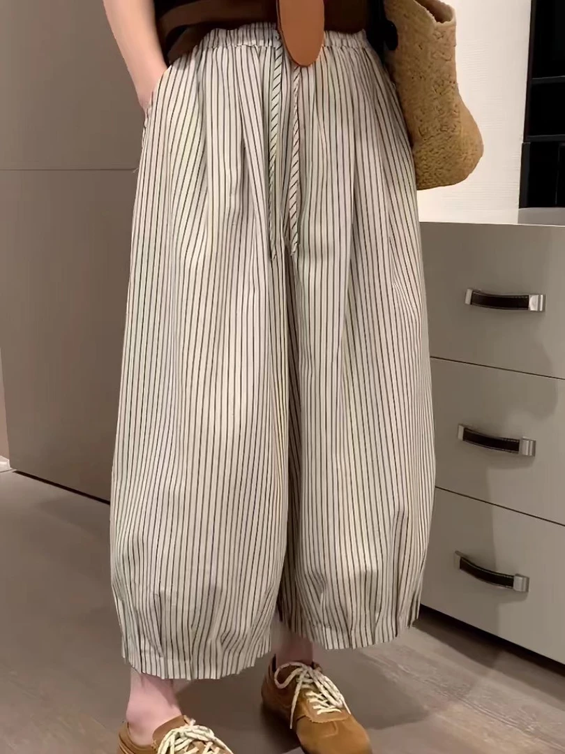 美美服饰9951松紧腰棉麻竖条纹宽松九分灯笼裤原宿风百搭休闲