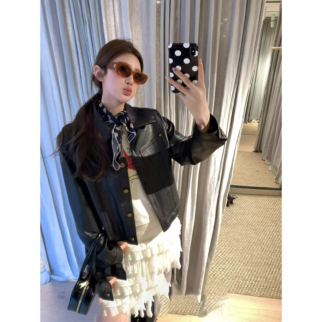 柳钉秋季常规翻领皮衣秋季百搭机车服短款千金风8105
