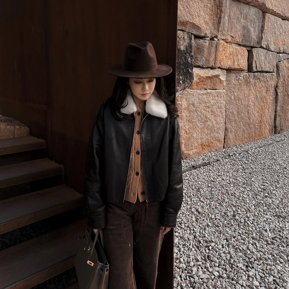 【PoGu】新款水貂毛领可拆卸绵羊皮鹅绒服外套WT-982