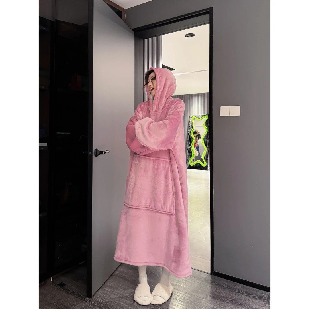 double oo秋冬男女加长加厚珊瑚绒睡袍长款套头法兰绒连帽家居服