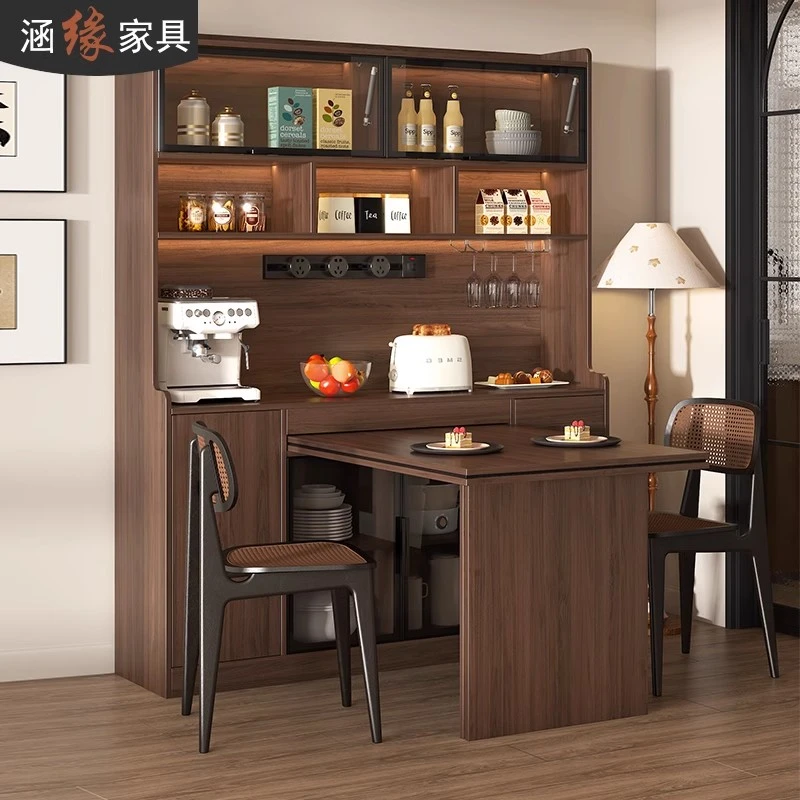 中古风餐边柜餐桌一体靠墙置物柜家用餐厅带抽拉桌酒柜橱柜7G386