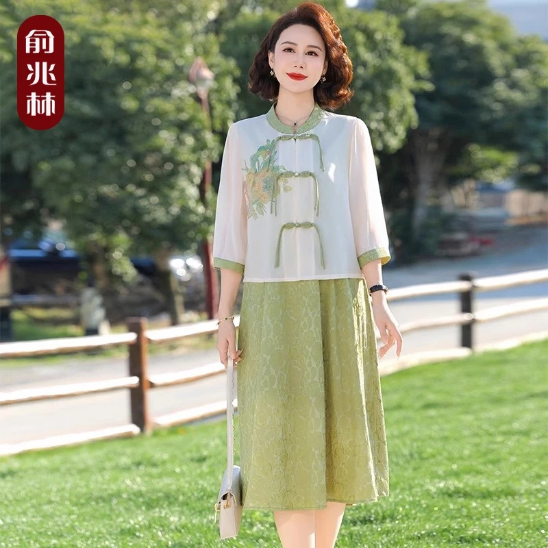 妈妈夏装新中式国风连衣裙套装中老年时尚洋气减龄显瘦高贵两件套