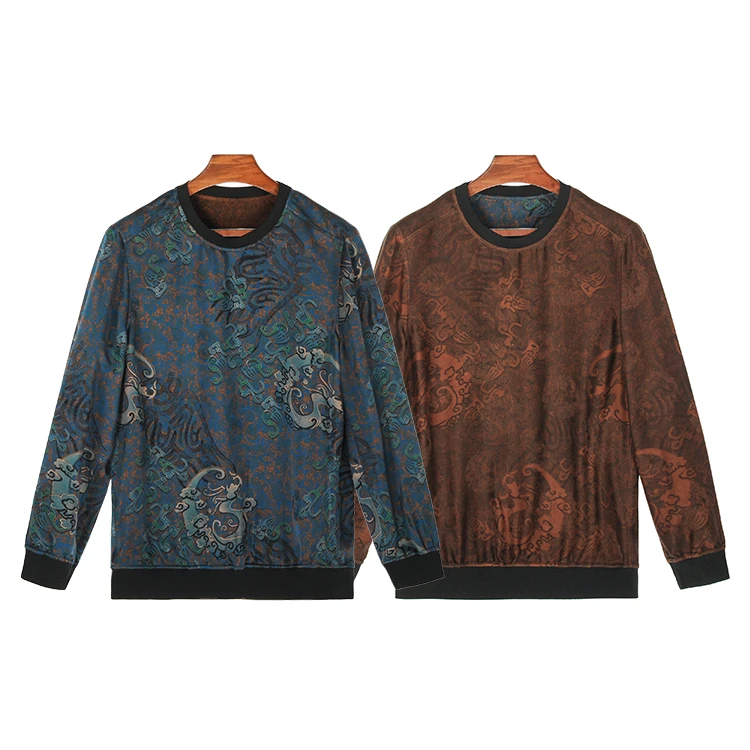 88981 男士双面穿卫衣 桑蚕丝提花缎红云纱新中式复古休闲上衣