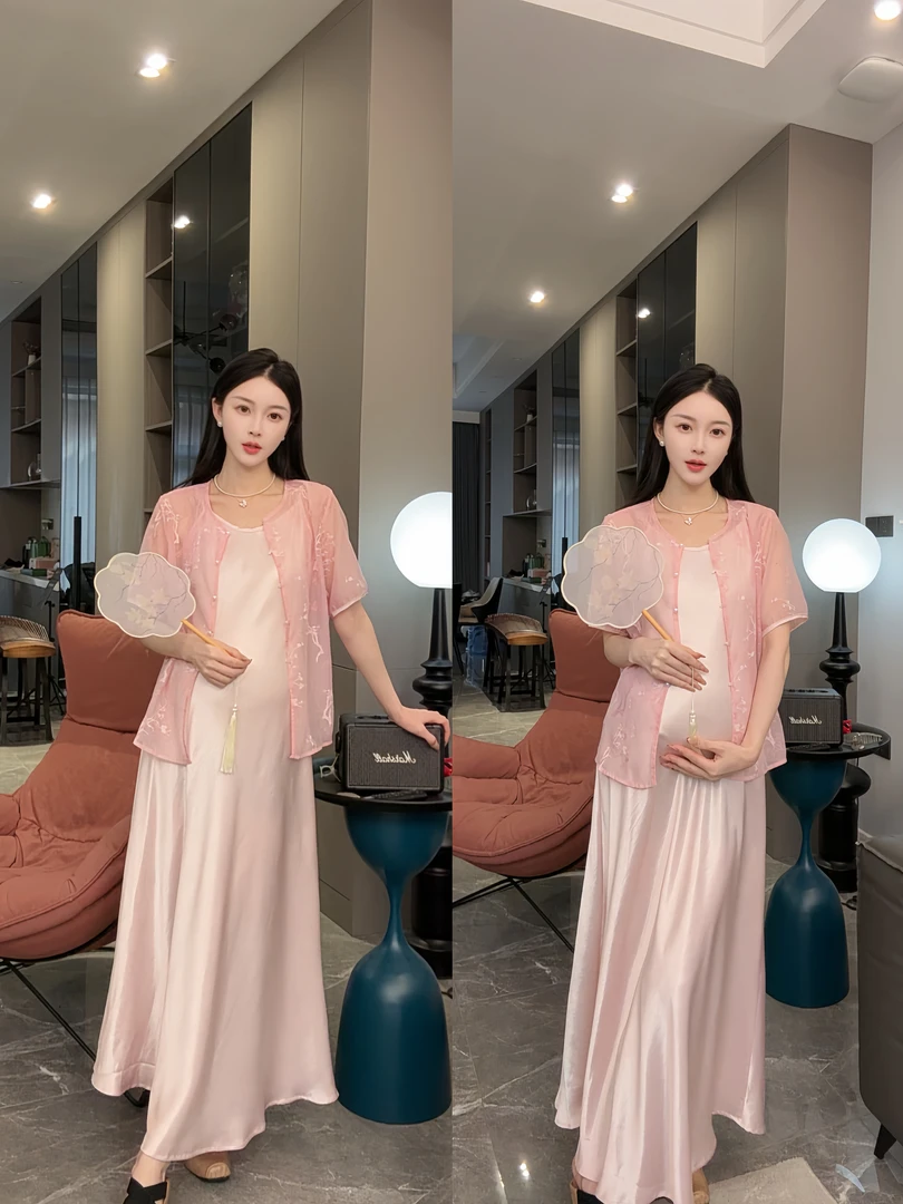 孕妇装夏装套装2025新款夏季新中式提花开衫时尚吊带中长款连衣裙