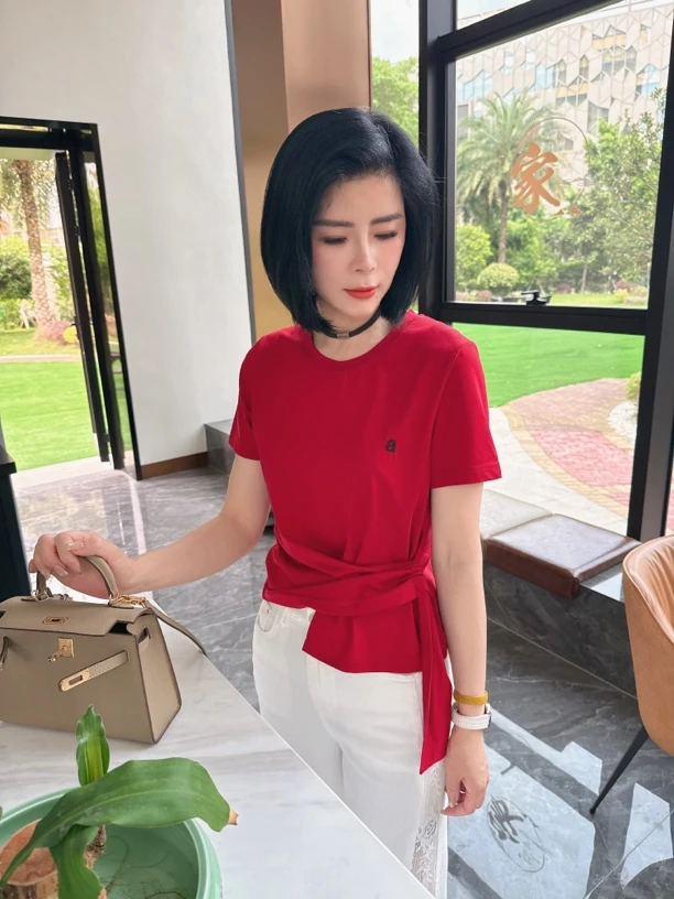 【娟子】四色不规则绑带设计时尚显瘦T恤
