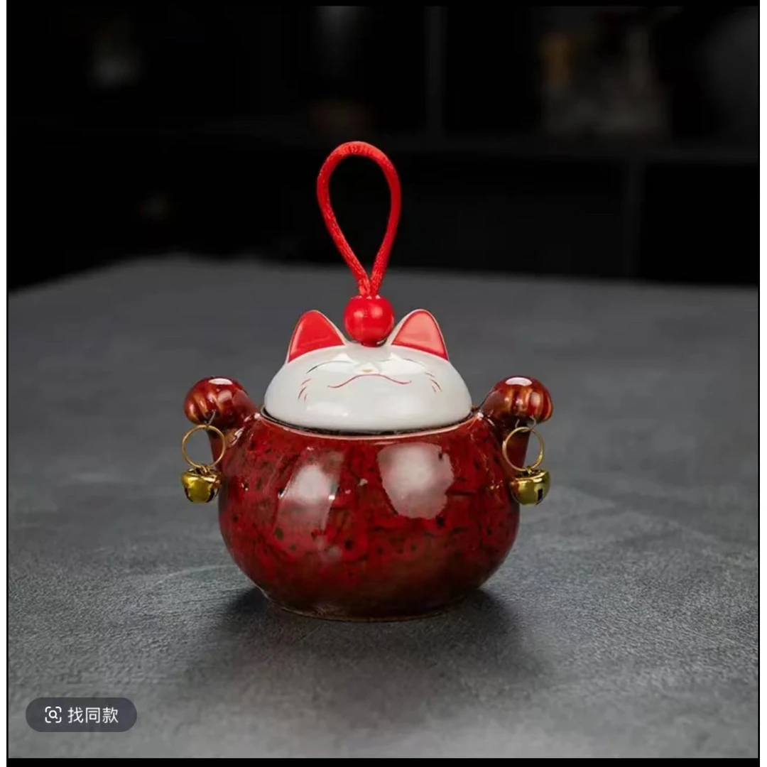 窑变招财铃铛猫茶叶罐024