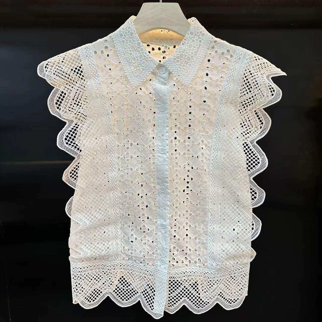 衬衫宽松型女装白色荷叶边四季通用上衣圆领夏季镂空衬衣碎花