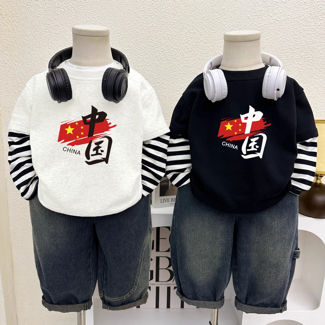 男女童国庆新款中国风洋气纯棉演出服儿童春秋长袖T恤宝宝上衣服