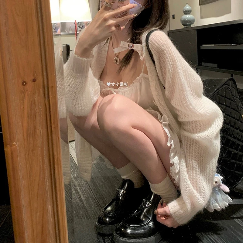 迷雾少女 软糯外搭白色薄款开衫针织外套女  2076