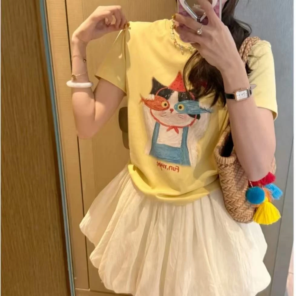 韩版卡通小猫印花短袖T恤女2025夏季新款设计感时尚通勤减龄上衣
