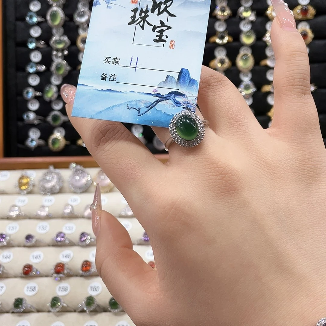 蛇纹石玉戒指银S925镶嵌不*