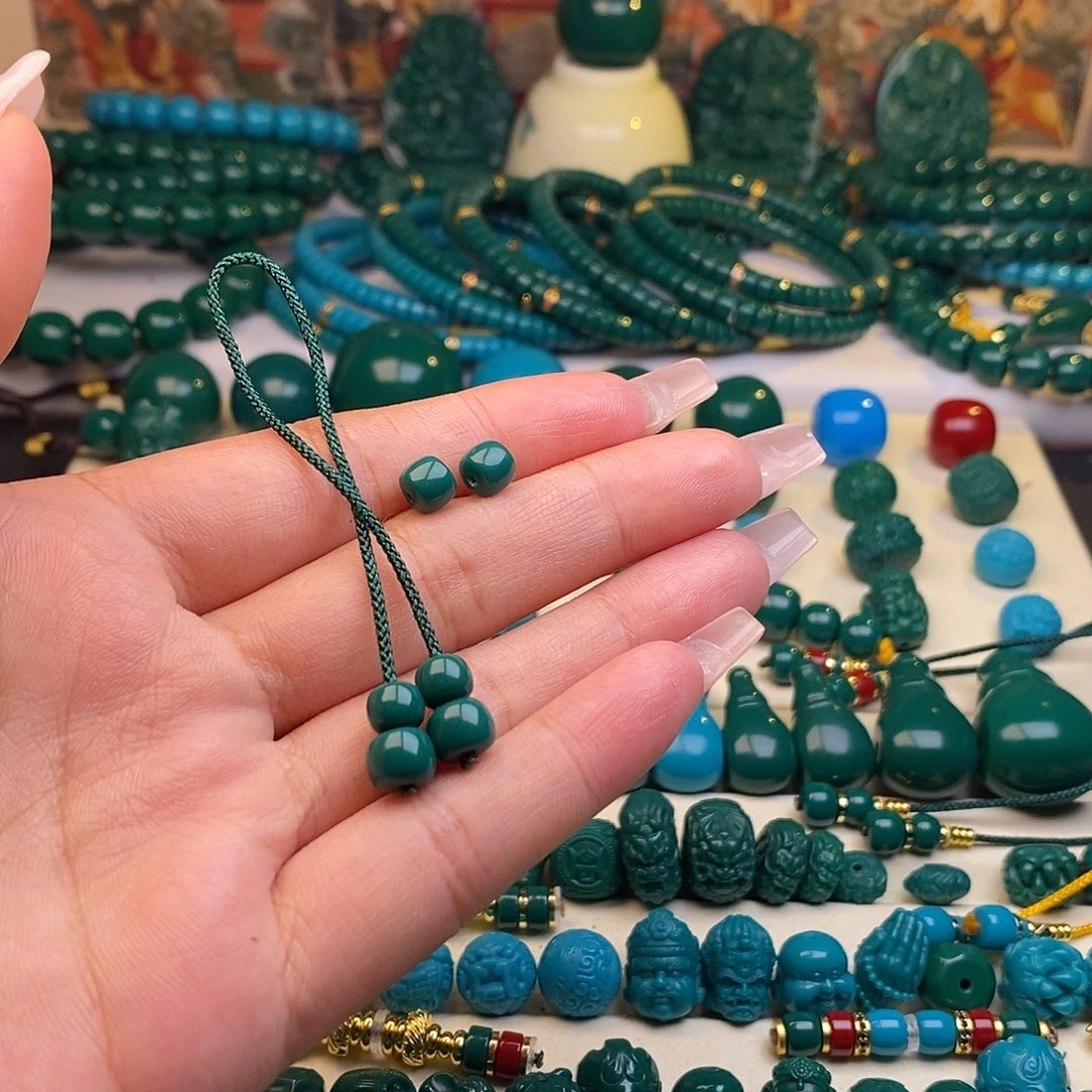 琉璃颈饰青*卡6直切一对弟子珠一套