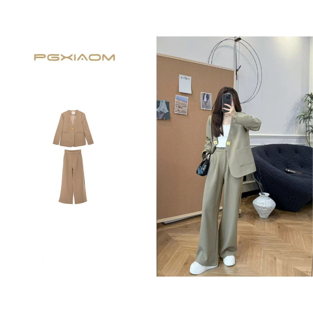 【PGXIAOM】润秀定制卡其色V领西装外套+阔腿裤两件套套装TZ4381