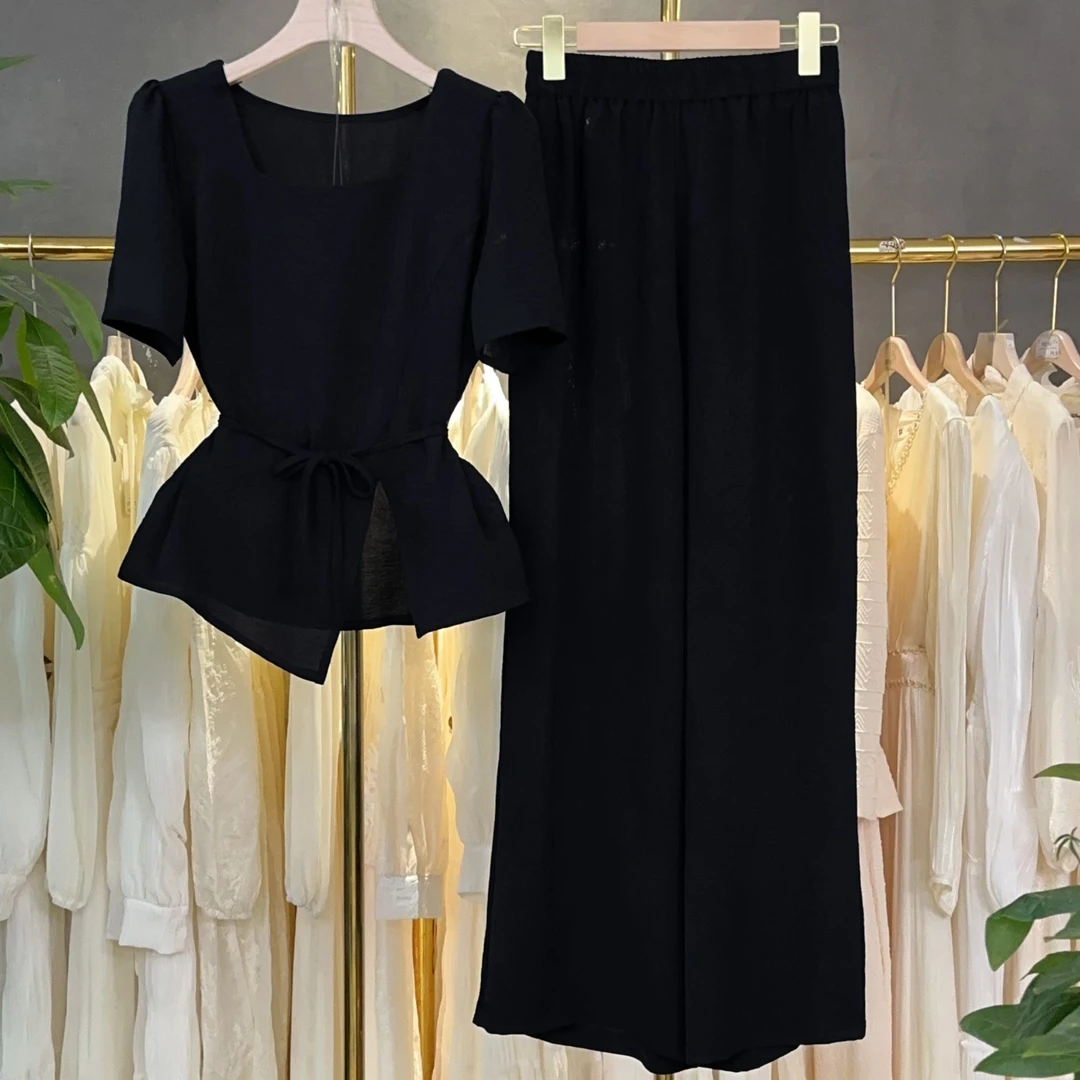 【三件套】时尚套装2025夏季新款休闲减龄上衣+阔腿裤+腰带套装M336