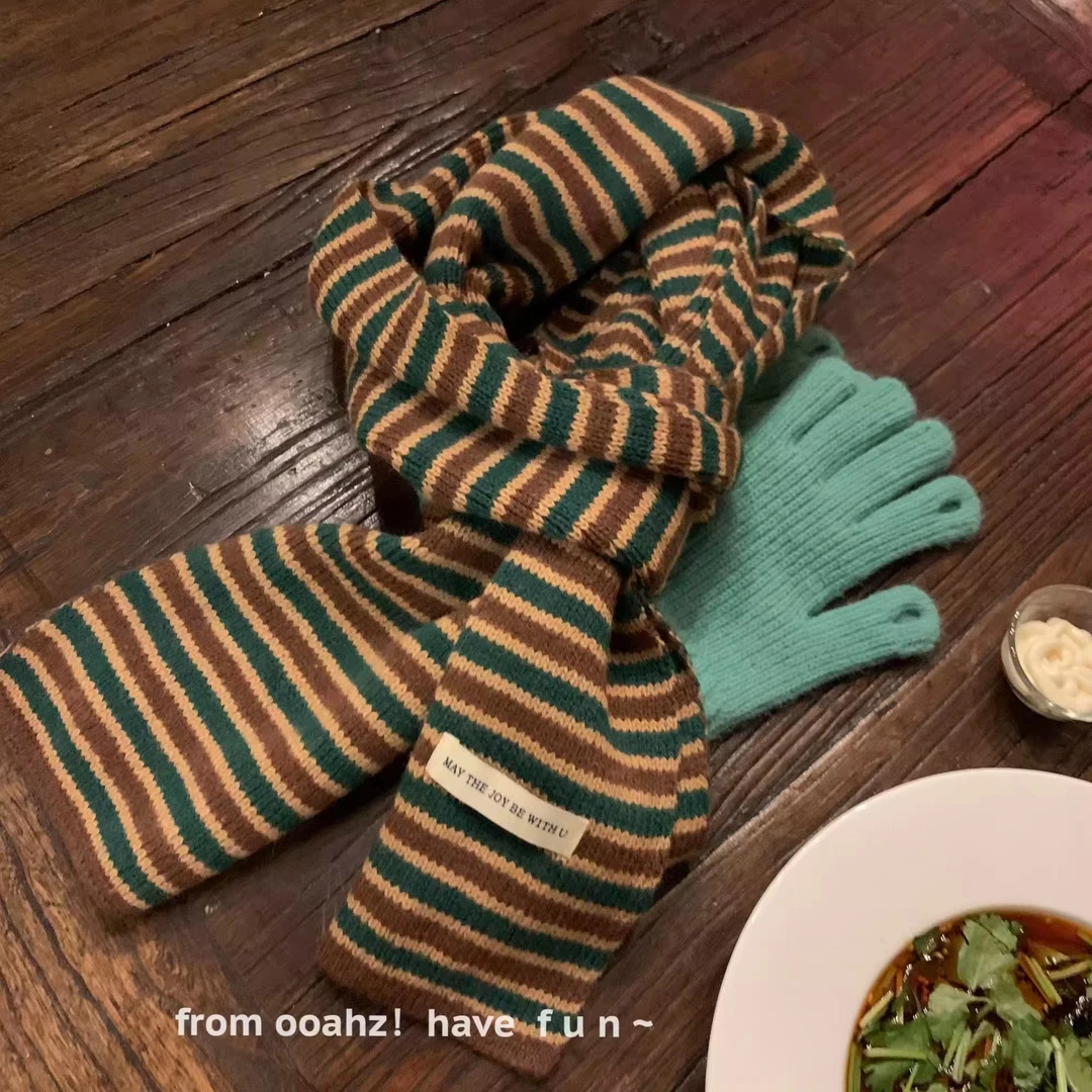 TIFICY户外新款日系复古仿羊绒条纹针织围巾冬季高级感百搭情侣加