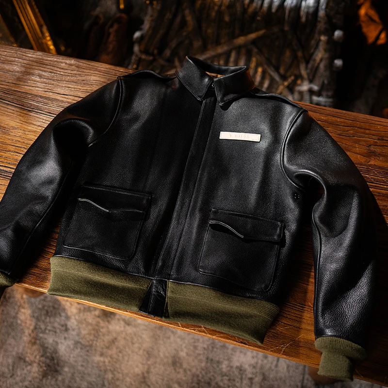 莫臣男士‌春秋牛皮真皮小翻领商务简约宽松休闲皮衣短款外套A-2LP
