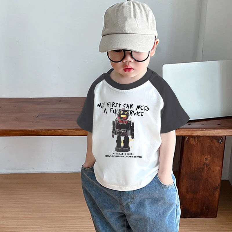 男童短袖T恤插肩撞色2025新款夏装中小童拼接洋气儿童纯棉上衣潮