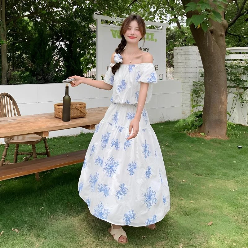 法式刺绣套装裙夏季女2025新款温柔风一字肩显瘦上衣半身裙两件套