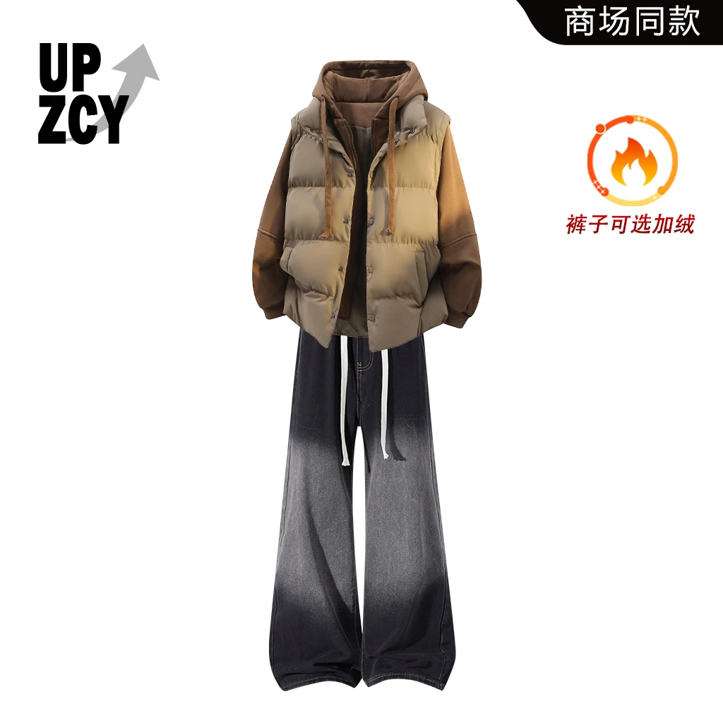 UPZCY美式复古痞帅棉衣套装男冬季休闲百搭牛仔裤两件套轻奢男装