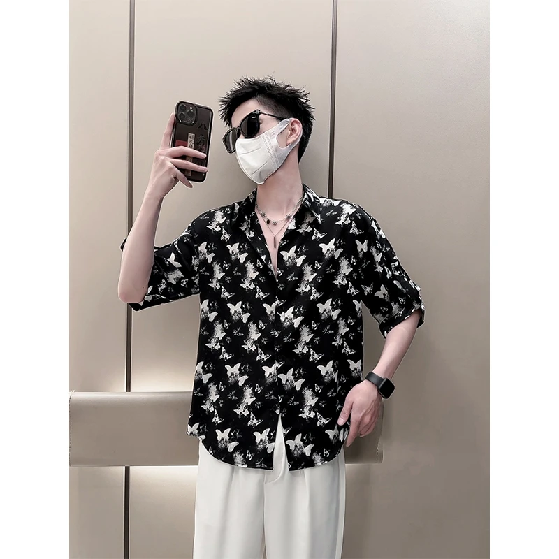 阿航男装 夏痞帅潮流透气薄款花衬衫短袖轻奢五分袖宽松垂感衬衣