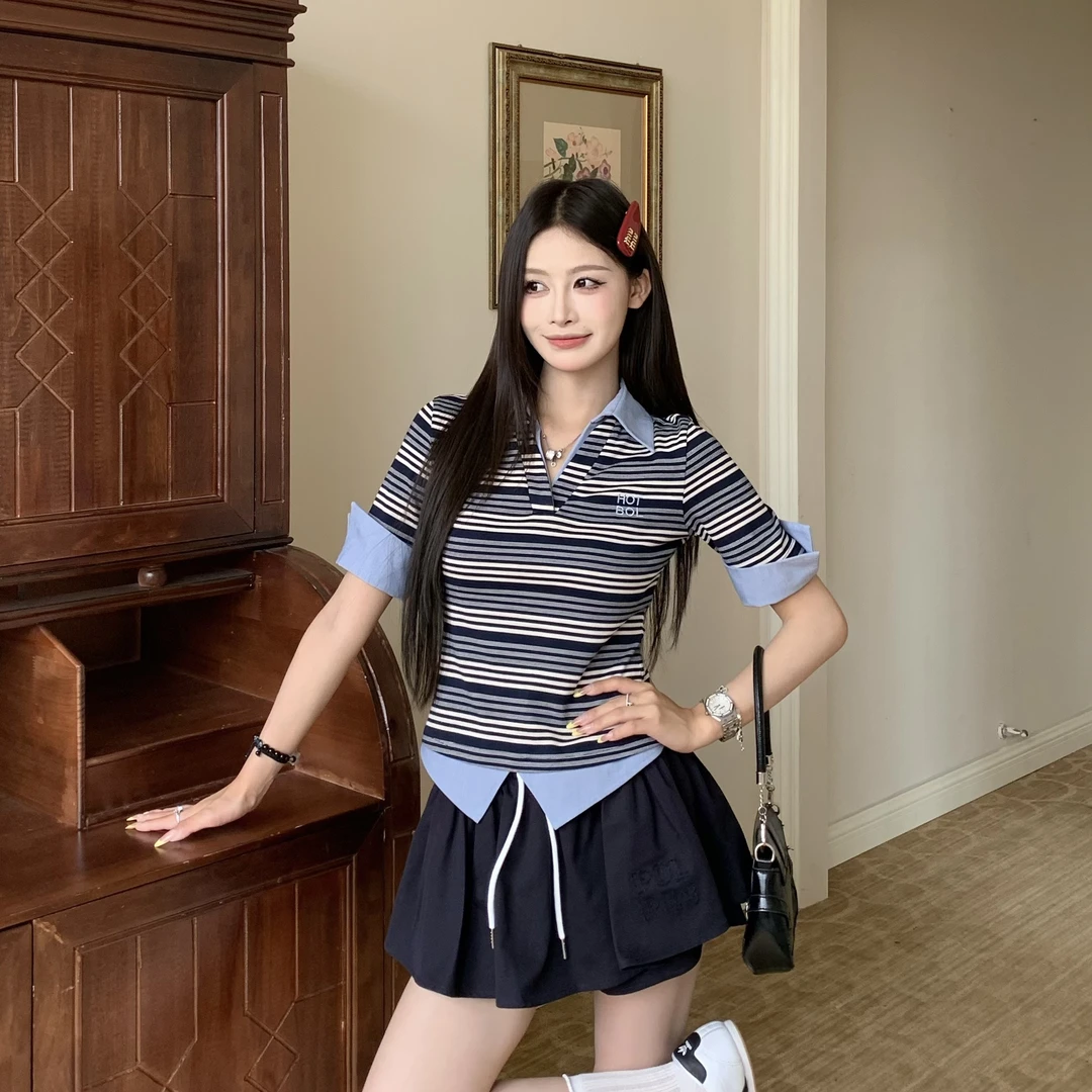 3MER miu系条纹拼接撞色假两件POLO衫T恤上衣女夏绑带裤裙夏季