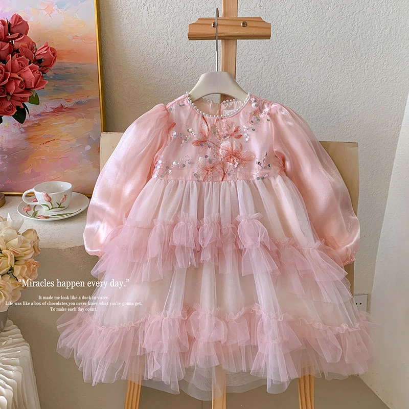 2025夏”花期如梦”女童泡泡袖网纱蛋糕连衣裙6618