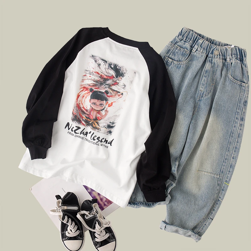 吴小越w1092男童春装圆领撞色哪吒数码棉t恤长袖中大童儿童打底衫