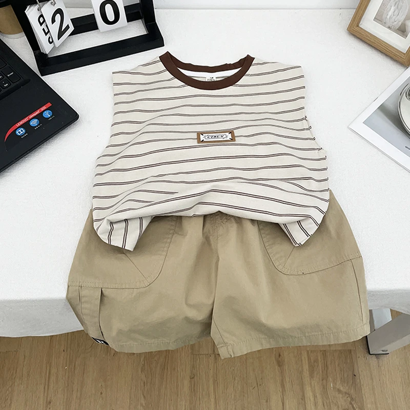 男童夏装套装2025新款儿童条纹背心薄款夏季套头衣服宝宝无袖童装