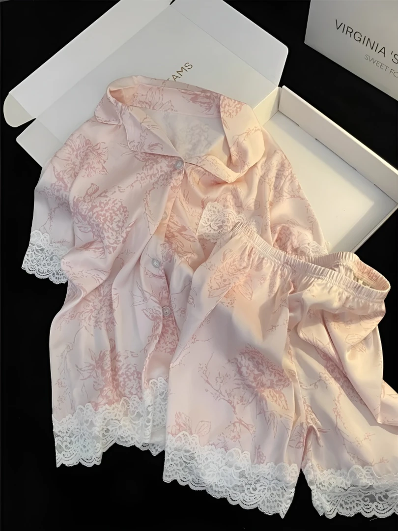 新中式国风花卉冰丝短袖睡衣女夏季薄款蕾丝花边短裤家居服套装