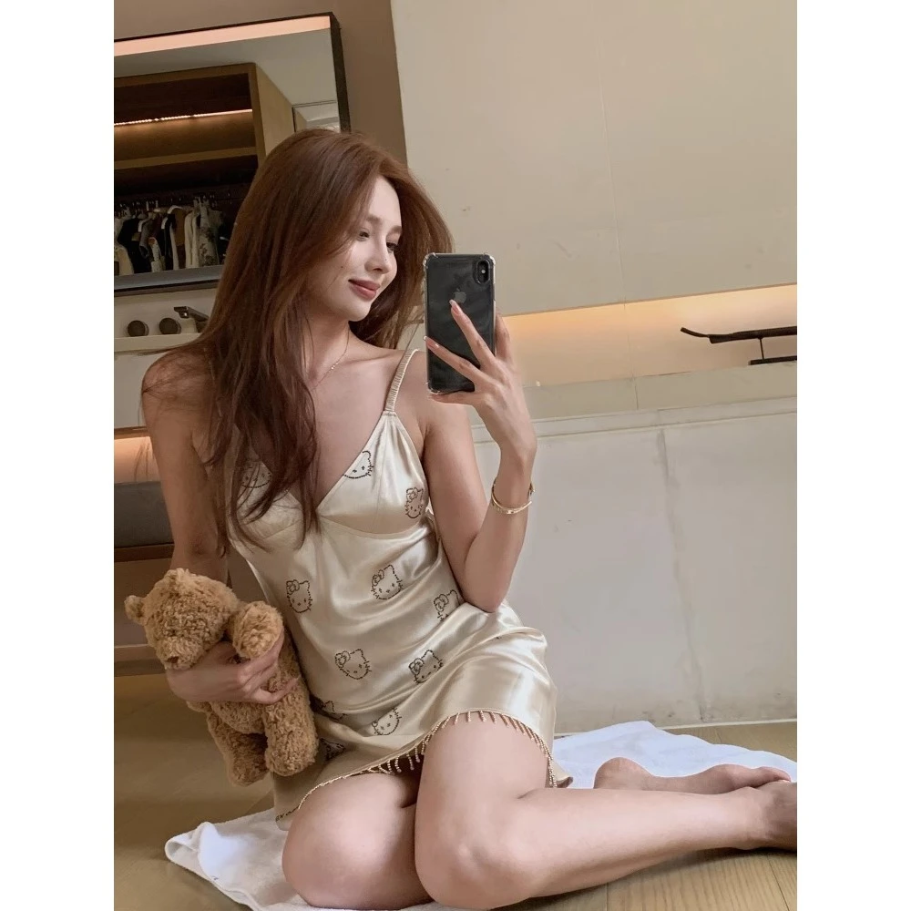 【爆款居家睡裙】HelloKitty烫钻冰丝睡衣女2025新款夏季家居服睡裙