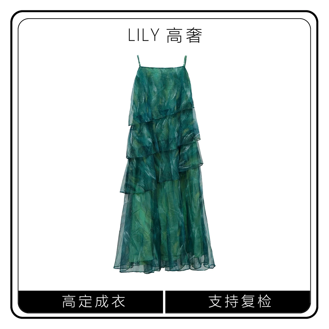【Lily高奢】2025春夏新款扎染绿调森系吊带连衣裙