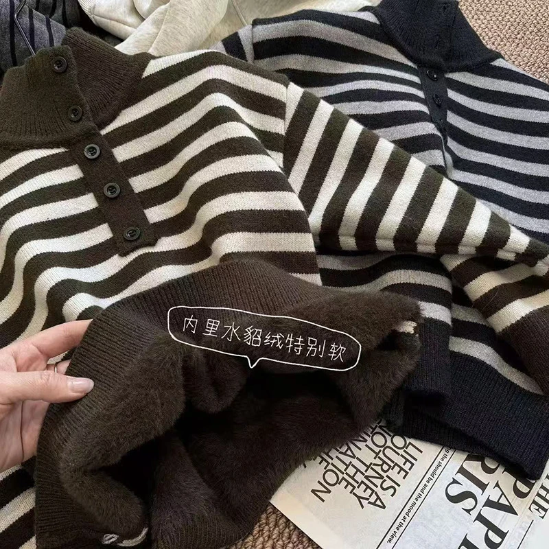 冬季男孩高领毛衣新款韩版男童条纹针织衫加绒加厚保暖儿童上衣潮