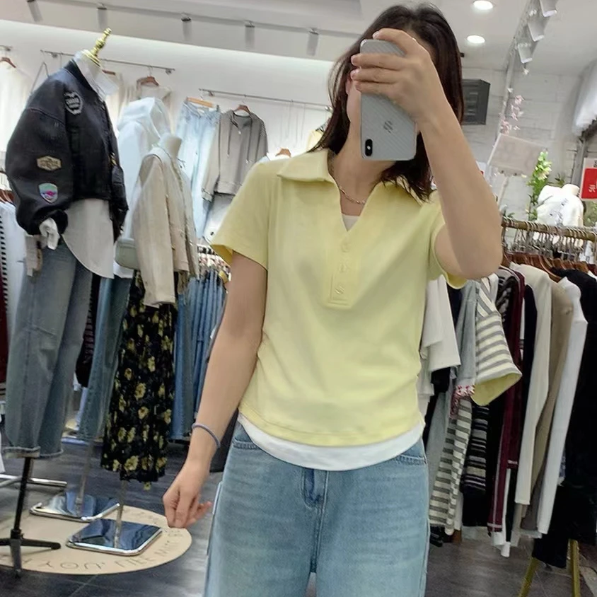 夏季新品修身显瘦翻领假两件polo衫短袖T恤时尚百搭打底衫外穿女