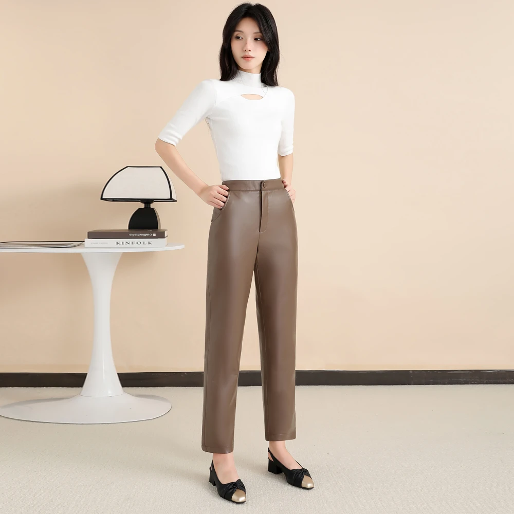 海宁专柜正品皮裙女  春季新款羊纹皮百搭高腰显瘦小脚修身烟管裤