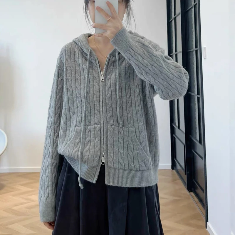 双拉链麻花连帽针织开衫韩版秋款宽松休闲百搭纯色毛衣帽衫 2567