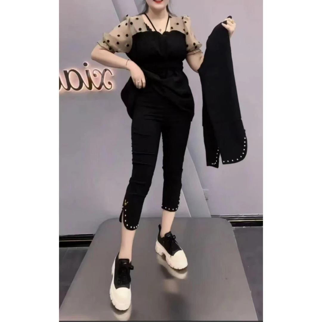 《东北徐老大推荐》大码显瘦遮肉夏季新款重工开叉铆钉烟管裤9997