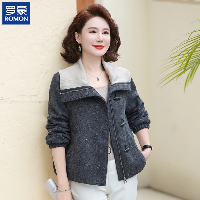 罗蒙妈妈秋装休闲时尚外套2025新款洋气翻领上衣中老年女显瘦夹克