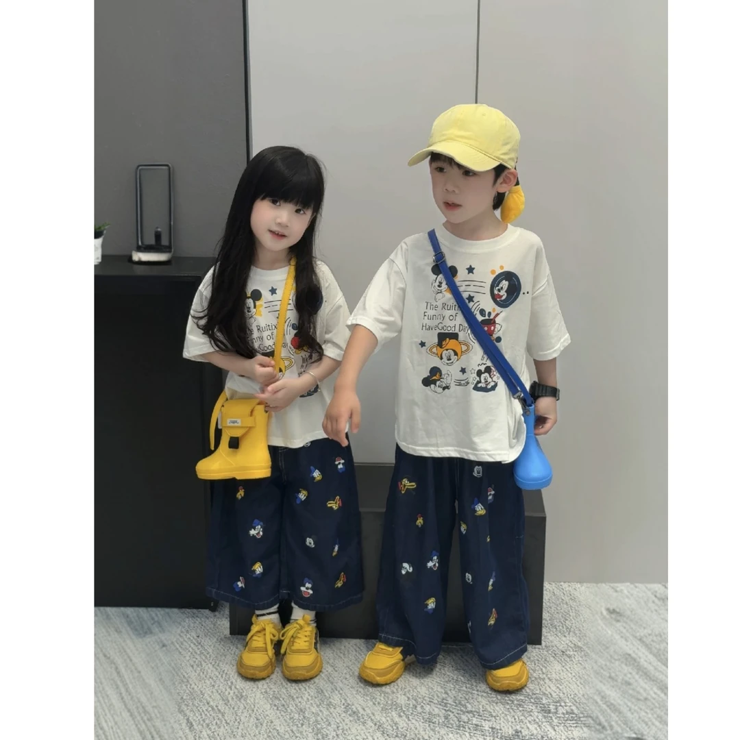 儿童夏季新款米奇套装时尚男女宝宝米奇短袖米奇牛仔裤套装 CP