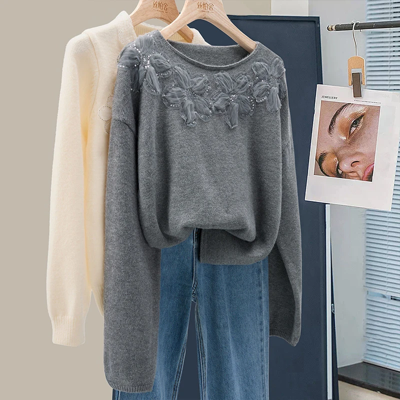 丝柏舍2025冬季新款女装欧若风立体花亮片落肩袖针织衫S51P0029Z