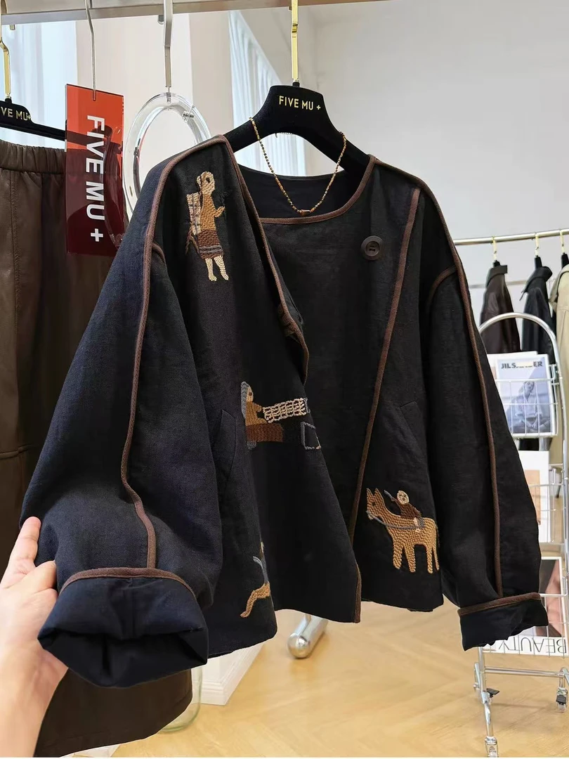 高端亚麻重工刺绣圆领短款外套女秋季巨好看的宽松休闲夹克上衣