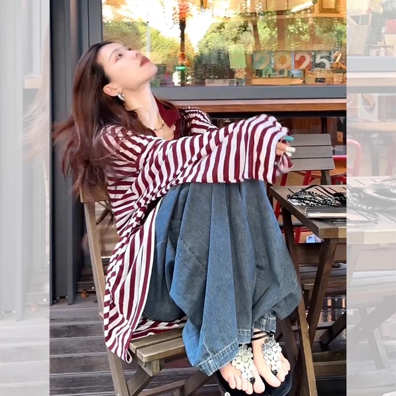 法式红色条纹polo领长袖t恤罩衫女夏季慵懒松弛感外搭防晒衫上衣