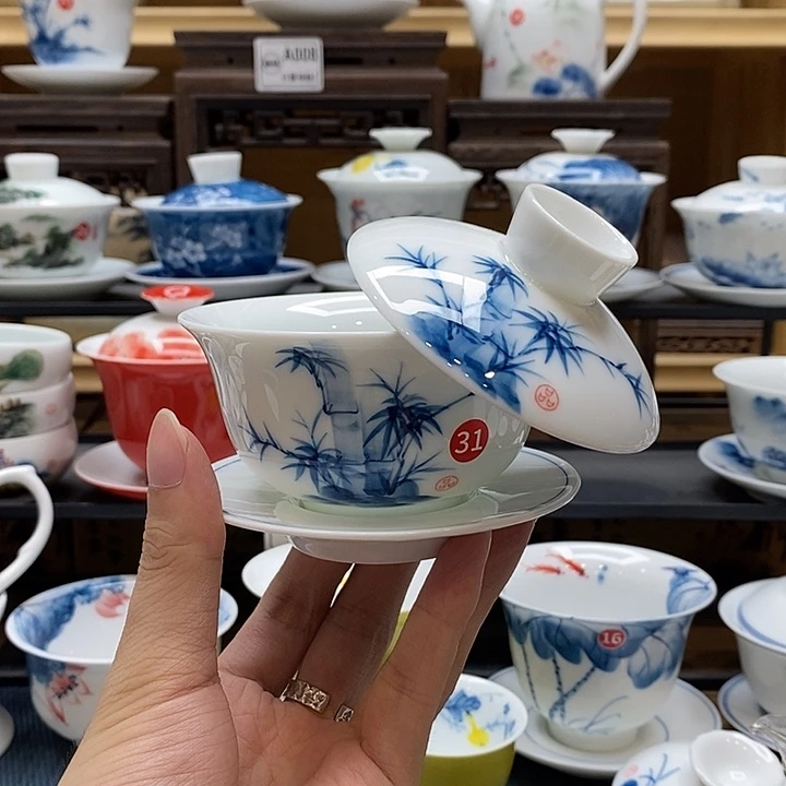 手绘竹子悬停盖碗150cc釉下彩微瑕福利款