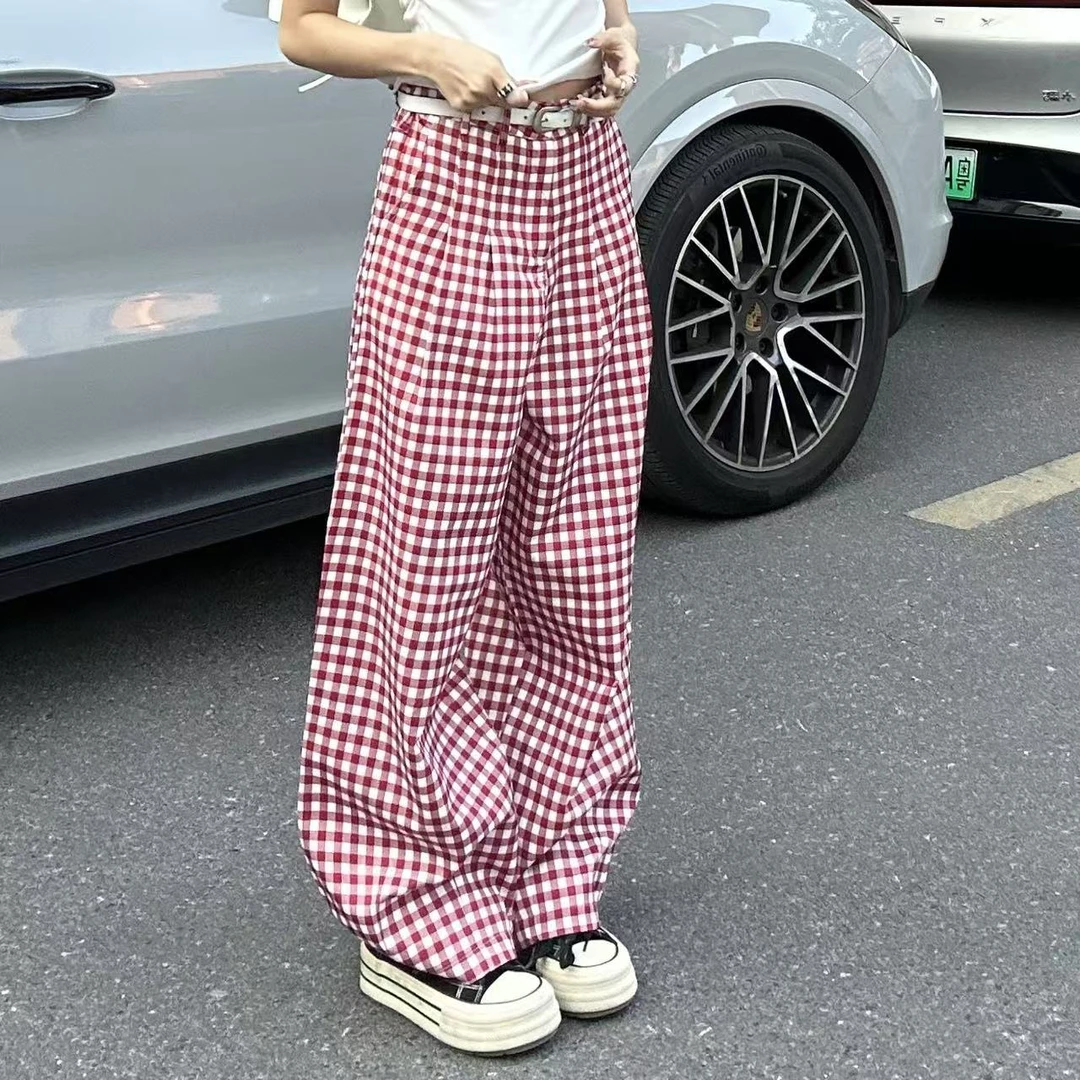 Pp【现货售完不补】红格子-Y2K辣妹红白格纹裤宽松阔腿裤K250103