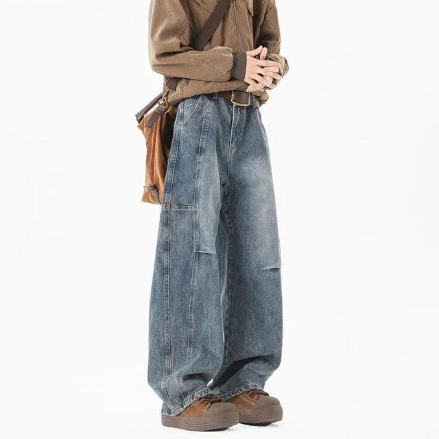 复古打褶水洗牛仔裤男直筒宽松解构弯刀阔腿美式高街裤子潮流百搭